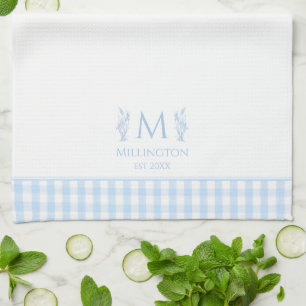 Light Blue & White Gingham Custom Monogram Name Tea Towel