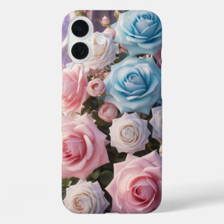 Light Blue, White & Light Pink Roses iPhone 16 Plus Case