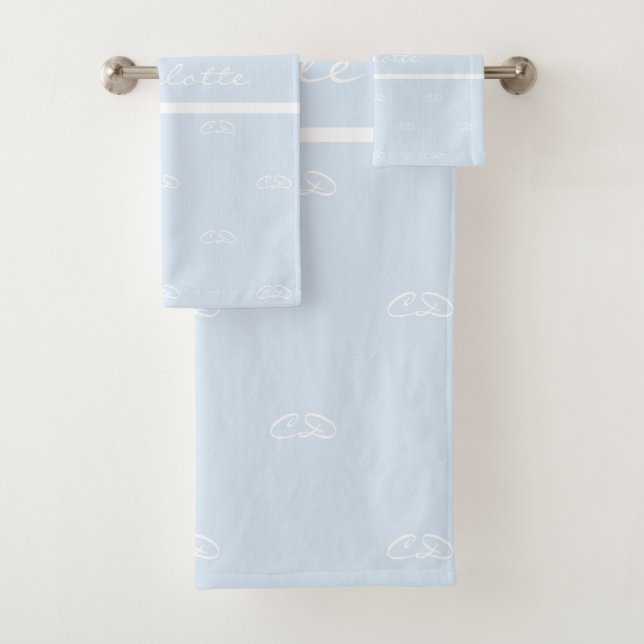 Light blue white monogram initials pattern name bath towel set (Insitu)