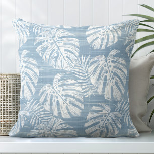 Light Blue & White Monstera Palm Leaves Cushion