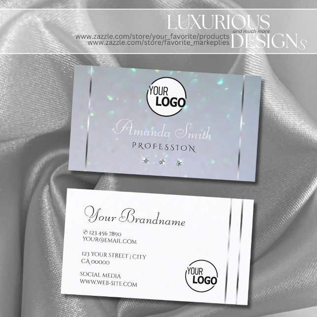Light Blue White Pearl Glitter Diamonds and Logo Business Card (Creator Uploaded)