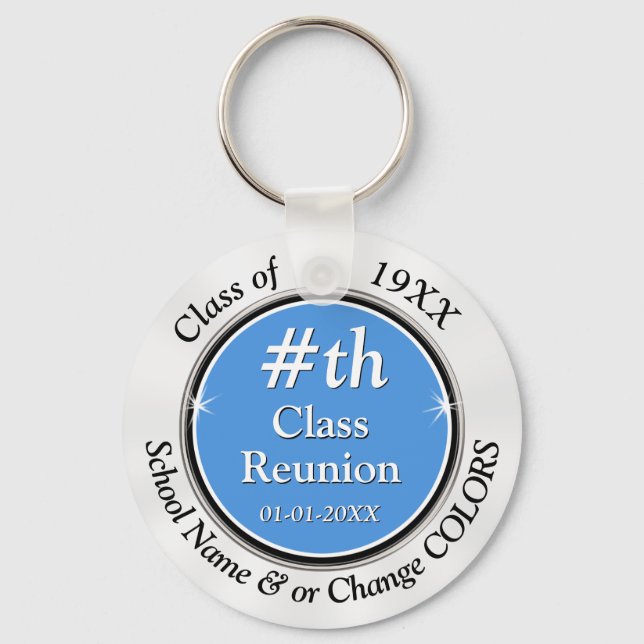 Light Blue, White Personalised 40th Class Reunion Key Ring (Front)