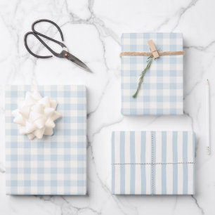 Light Blue White Plaid Stripes Bridal Shower Wrapping Paper Sheet