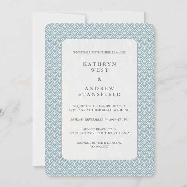 Light Blue + White Sea Wave Pattern Beach Wedding Invitation (Front)
