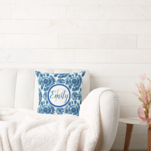 Light Blue & White Shibori Tie Dye Monogram Name Cushion