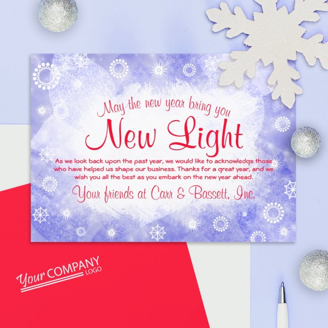 Light Blue, White Snowflakes, Red Company Holiday Invitation (blue ice snowflakes, red script writing, red logo company holiday cards, blue Christmas greetings)