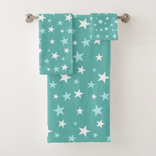 Light Blue & White Stars on Teal Bath Towel Set (Insitu)