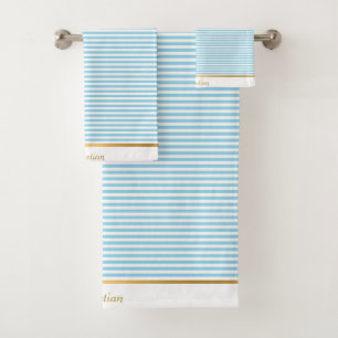 LIGHT BLUE WHITE STRIPED PATTERN TRIM TOWEL SET