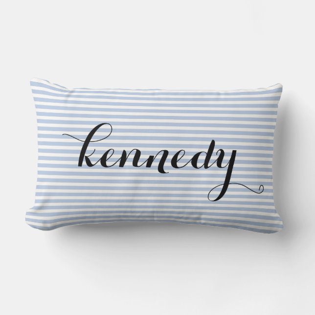 Light Blue White Stripes Custom Monogram Lumbar Cushion (Front)