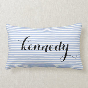 Light Blue White Stripes Custom Monogram Lumbar Cushion