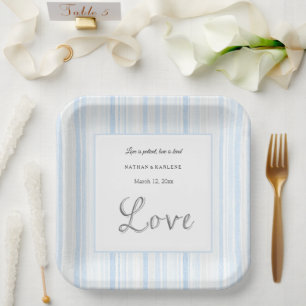 Light Blue White Stripes Love Wedding Paper Plate