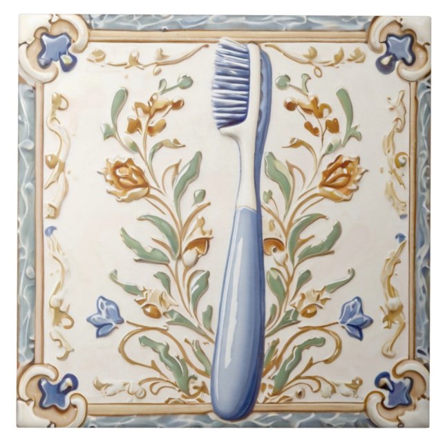 Light Blue White Toothbrush Funny Dentist Bathroom Ceramic Tile (Front)