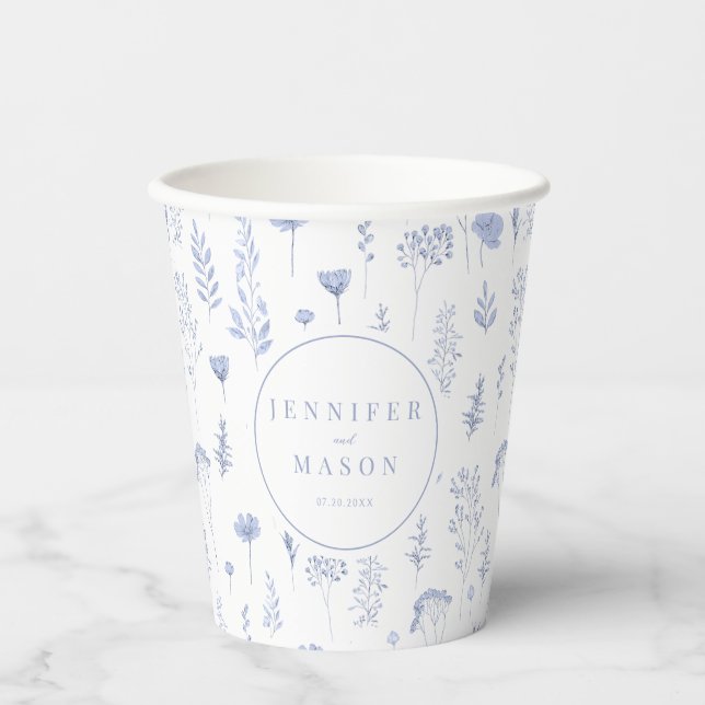 Light blue wildflower floral wedding paper cups (Front)