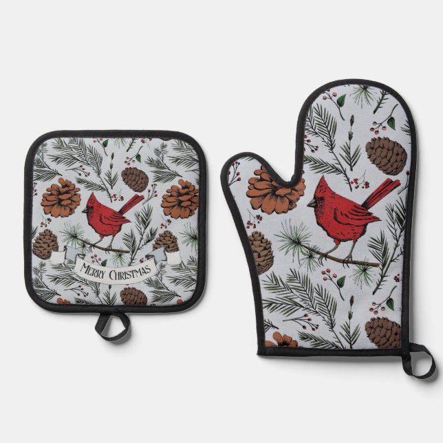 Light Blue Winter Perched Red Cardinal & Pine Cone Oven Mitt & Pot Holder Set (Front)