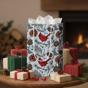 Light Blue Winter Perched Red Cardinal & Pine Cone Small Gift Bag