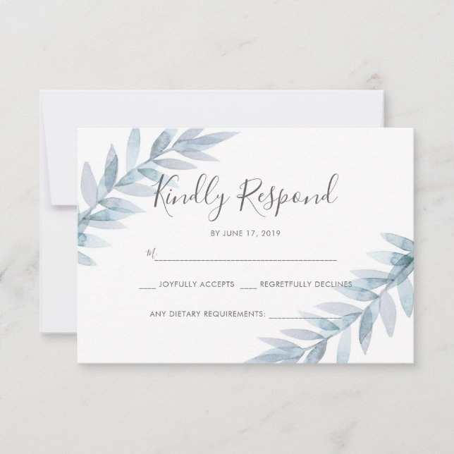 Light blue winter watercolor leaves RSVP cards (Front)