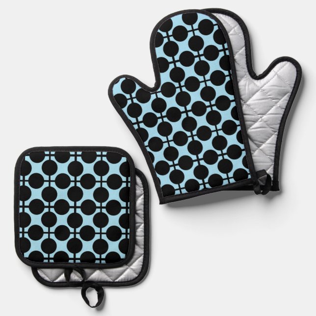 Light blue with black geometric  oven mitt & pot holder set (Front/Back)