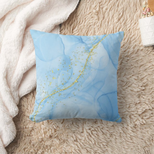  Light Blue with Gold Strands Liquid Art Cushion (Blanket)