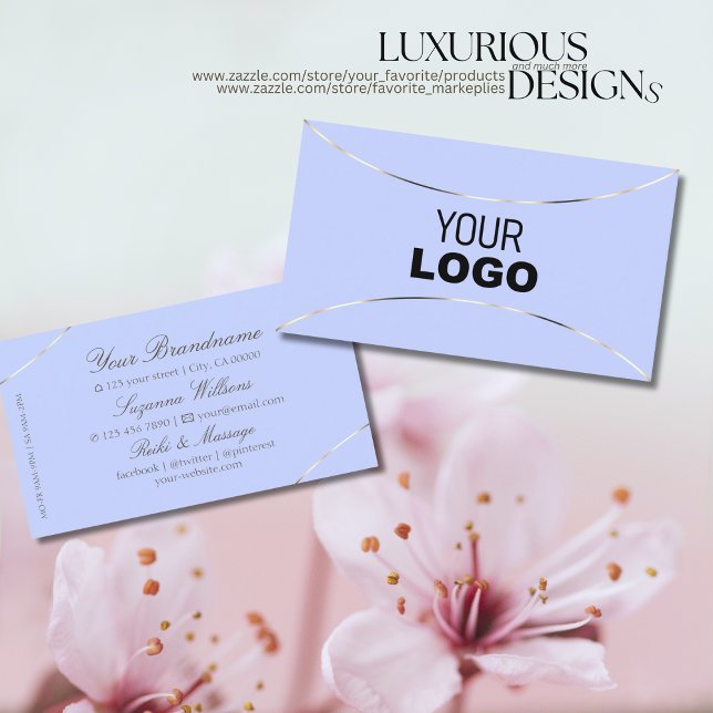 Light Blue with White Gold Decor and Logo Elegant Business Card (Creator Uploaded)