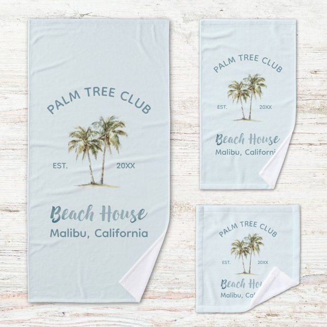 Light Blue Wood Palm Trees Modern Beach House Bath Towel Set (Close up)