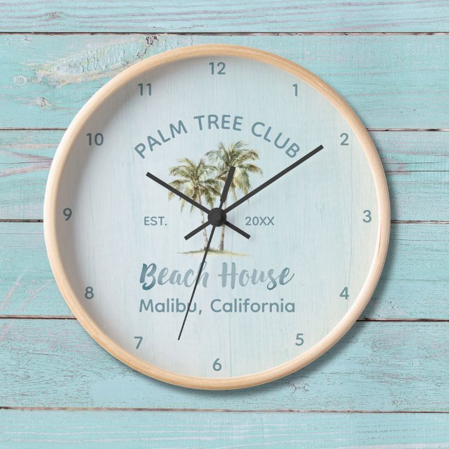 Light Blue Wood Palm Trees Modern Beach House Clock (In situ, beach house)
