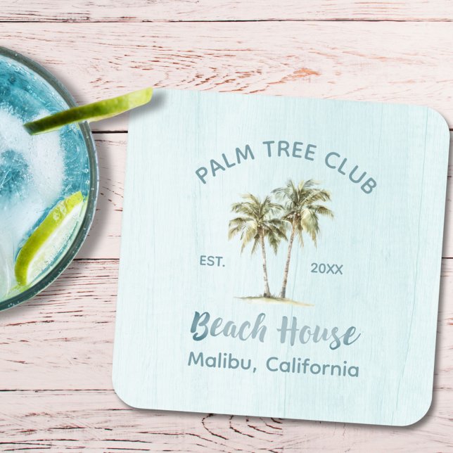 Light Blue Wood Palm Trees Modern Beach House Coaster (In situ)