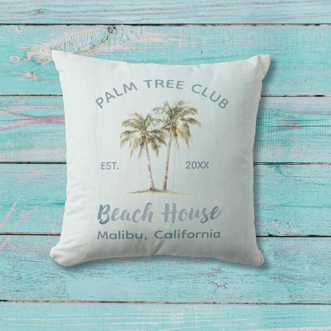 Light Blue Wood Palm Trees Modern Beach House Cushion (In situ, beach house)