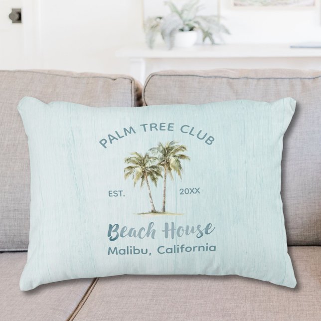 Light Blue Wood Palm Trees Modern Beach House Decorative Cushion (In situ)