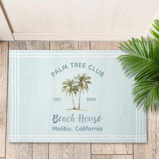 Light Blue Wood Palm Trees Modern Beach House Doormat (In situ, beach house)
