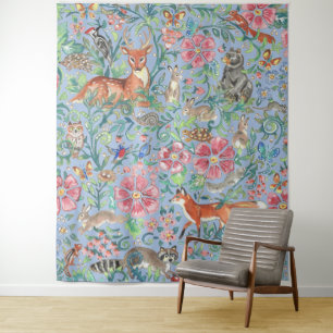 Light Blue Woodland Animal Deer Fox Rabbit Large Tapestry