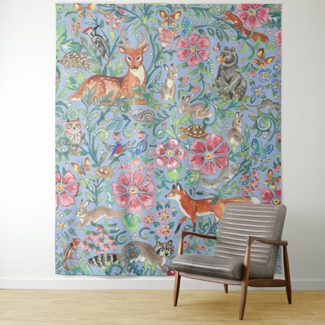 Light Blue Woodland Animal Deer Fox Rabbit Large Tapestry (In Situ)