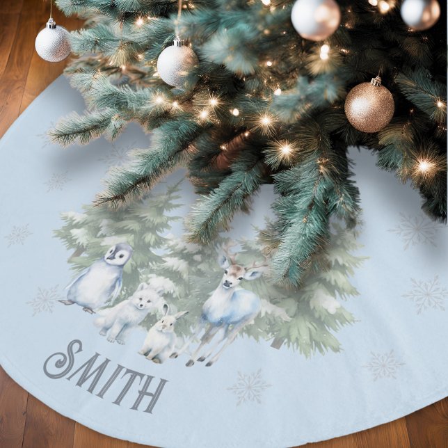 Light Blue Woodland Animal Tree Skirt (Light blue woodland animals christmas tree skirt.)