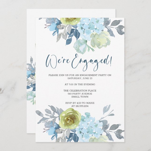 Light Blue Yellow Green Floral Engagement Party Invitation (Front/Back)