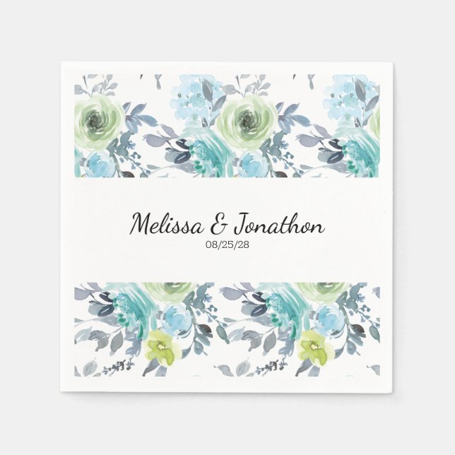 Light Blue Yellow Green Floral Wedding Napkins (Front)