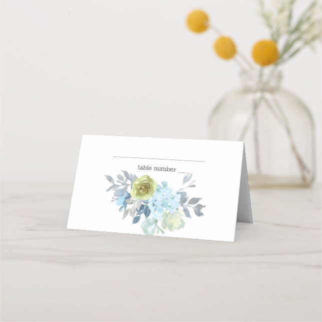 Light Blue Yellow Green Floral Wedding Place Card (Front)