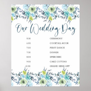 Light Blue Yellow Green Floral Wedding Schedule Poster