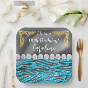 Light Blue Zebra Print & Gold Silver Birthday Paper Plate