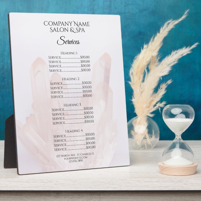 Light Blush Pink Crystals Spa Salon Services Menu Plaque (Side)