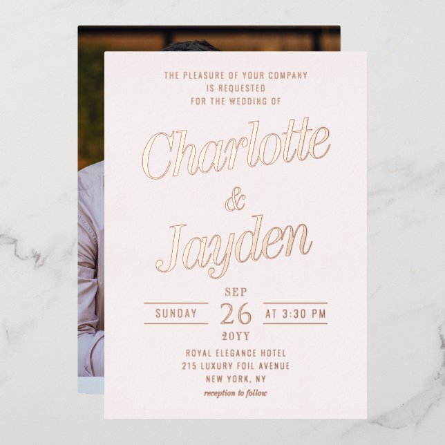 Light Blush Pink Elegant Foil Script Photo Wedding (Front/Back)