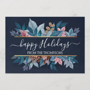 Light Blush Pink Floral Foliage On Dark Blue Holiday Card