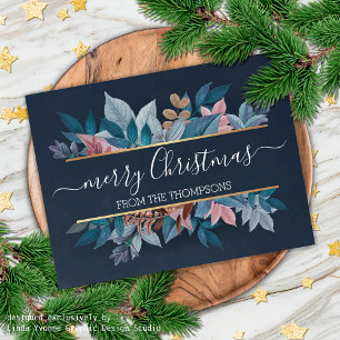 Light Blush Pink Floral Foliage On Dark Blue Postcard