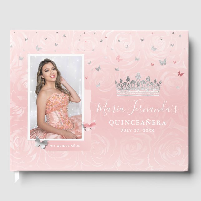 Light Blush Pink Silver Elegant Photo Quinceanera Guest Book (Front)