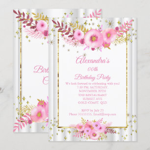 Light Blush Pink White Flowers Gold Birthday Party Invitation