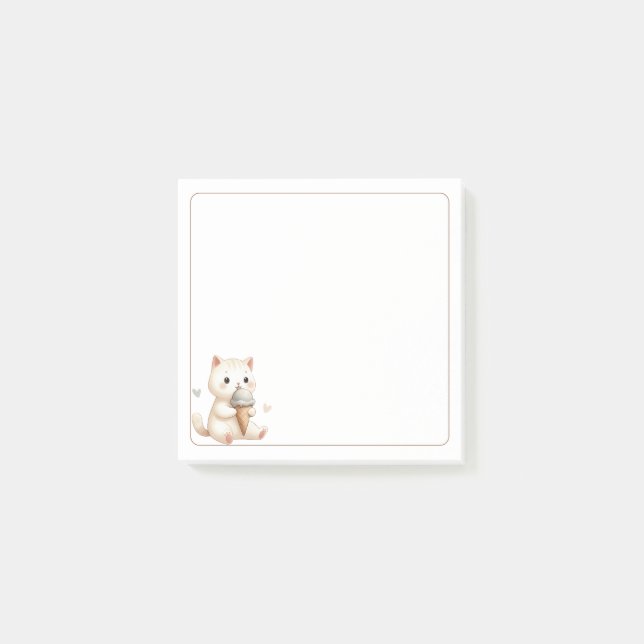 Light Border Beige Cute Cat with Ice Cream Cone Post-it Notes (Front)