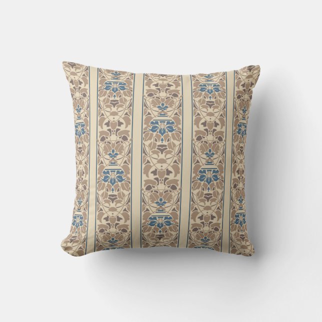 Light brown and cream with blue flowers stripe cushion (Front)
