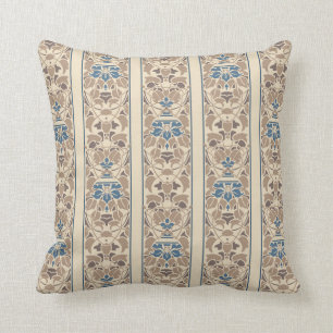 Light brown and cream with blue flowers stripe cushion