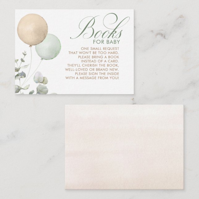 Light Brown and Sage Balloons Baby Shower Books Enclosure Card (Front/Back)
