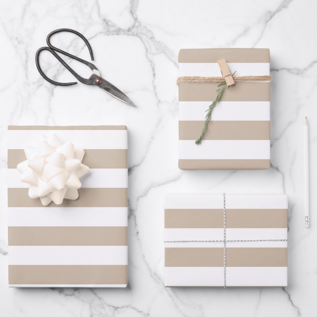 Light Brown and White Stripes Wrapping Paper Sheet (Front)