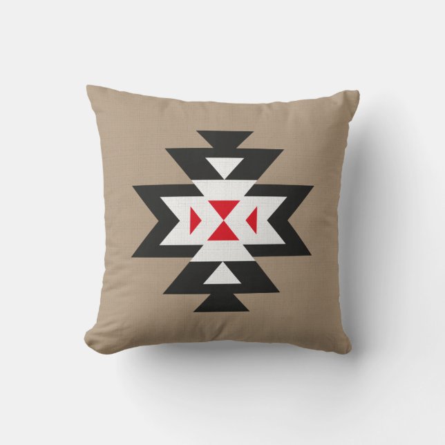 Light Brown Black White Red Aztec Pattern Cushion (Front)