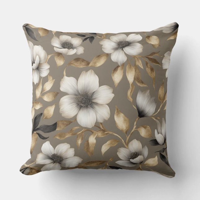 Light Brown Gold Black White Floral Cushion (Front)